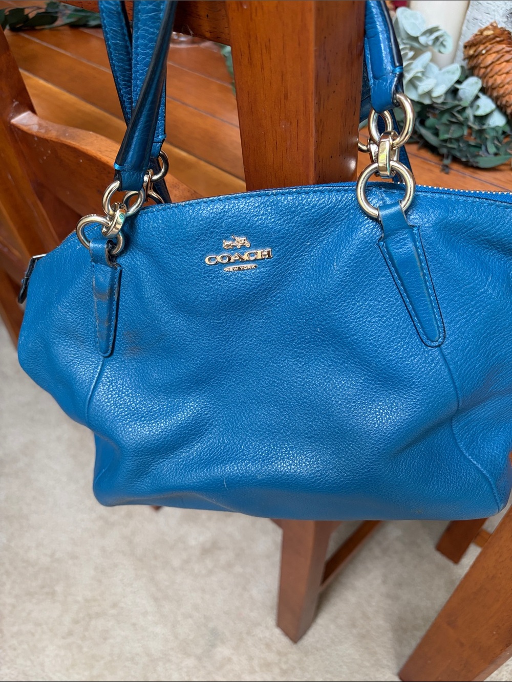 Coach Blue Pebbled Leather Shoulder Bag with Gold Hardware